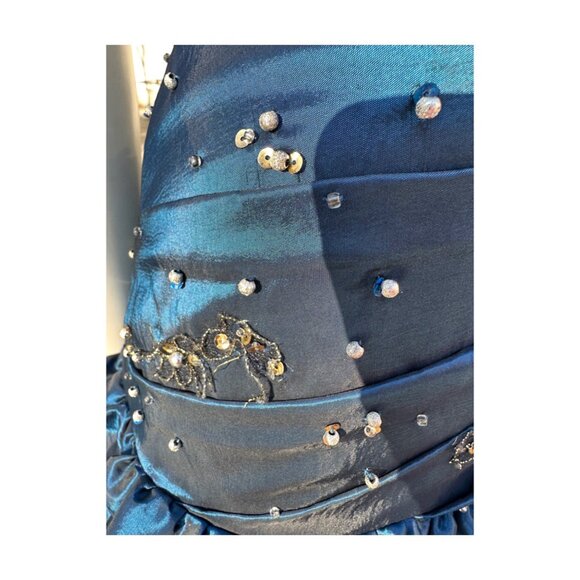 Bella Formals Satin Iridescent Blue Grad Dress Prom Fit & Flare Embellished Gold - Picture 7 of 16